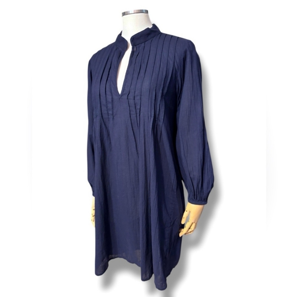 LAUREN RALPH LAUREN Navy Split Neck Pintuck Pleated Cotton Tunic Dress